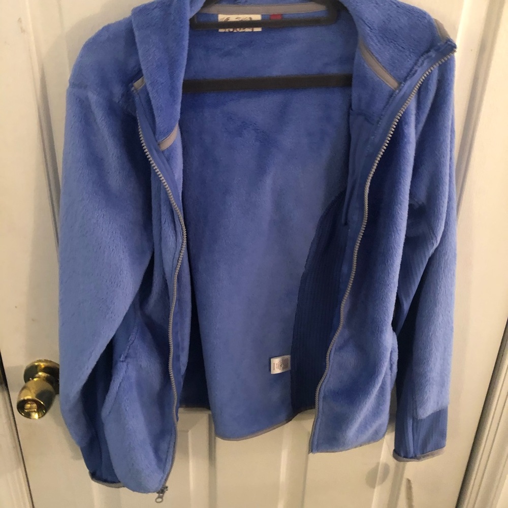 Blue, fuzzy zip up